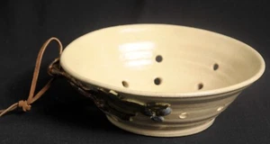 Art Pottery Berry Bowl Colander Embossed Fruit Brown Limb Handle Leather Cord - Picture 1 of 6