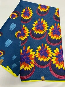 TEAL BLUE YELLOW Floral African Print Fabric Poly Cotton (45 in.) 6 YARDS - Picture 1 of 2