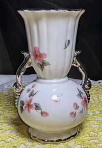Vintage 6" Tall White Porcelain Vase  Pink Flowers Silver Trim And Lining - Picture 1 of 10