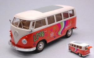 MODELLINO FURGONE STATICO WELLY VW T1 BUS ARANCIO/BIANCO FLOWER POWER SCALA 1:24 - Foto 1 di 1