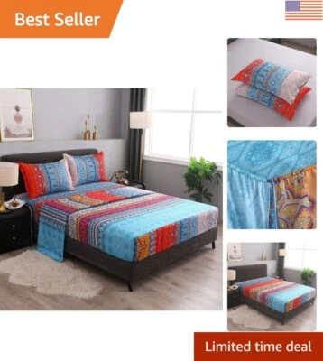 Juego de sábanas Queen de algodón suave con impresionante estampado bohemio - 4 piezas esenciales Foto 1 de 4