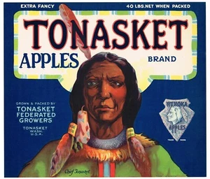 ORIGINAL 1930 APPLE CRATE LABEL CHIEF TONASKET NATIVE AMERICAN INDIAN CHIEF BLUE - Picture 1 of 1