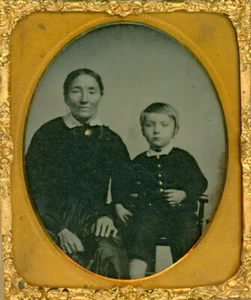 SHARP AMBROTYPE OF GRANNY AND GRANDSON WITH GOLD BUTTONS AND BROOCH - Picture 1 of 1