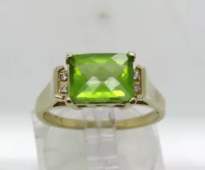 WORN 14k Yellow Gold Checkerboard Green Peridot Round Diamond Accent Ring 7.25 - Picture 1 of 11