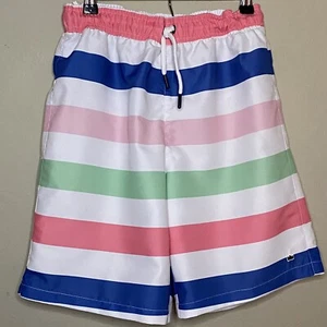 Crown & Ivy Swim Shorts Boys Large White Blue Pink Striped Mesh Lining Logo - Picture 1 of 5