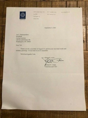Original Letter to Val Halamandaris/NAHC Fm: William Cohen/Senator From Maine Cover