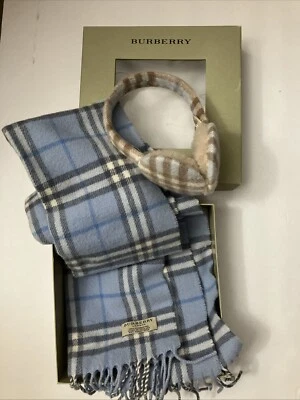 BURBERRY LONDON CHECK BLUE Rectangle Wool Scarf and Earmuffs Set AUTHENTIC! - Image 1 of 4