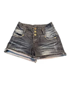 BeeAsphalt Dark Wash Denim Shorts High Rise Triple Button Cuffed Size 3 - Picture 1 of 3