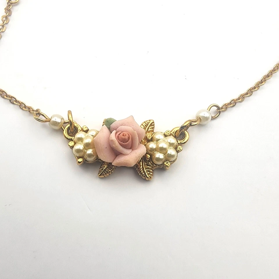 1928 Jewelry Gold Tone Pink Rose Faux Pearl Chain Necklace - Image 1 of 4