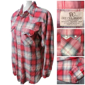 Vtg Dee Cee Western Shirt Mens XL Red Gray Plaid Pearl Snaps Sawtooth Pockets DC - Picture 1 of 11
