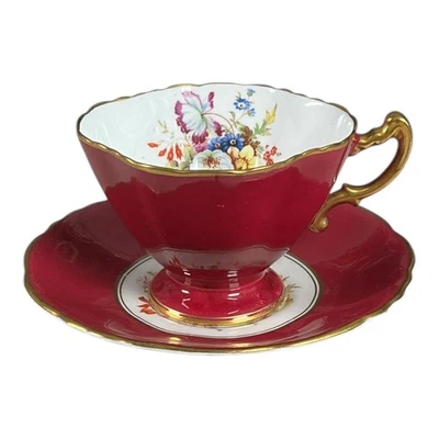 Vintage Hammersley & Co Footed TeaCup &Saucer Gold Trim Maroon Bone China Floral - Image 1 of 4