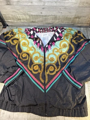Jaqueta corta-vento barroca vintage anos 90 Rafael XL ouro preto arlequim retrô - Imagem 1 de 4