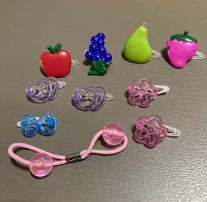 Lot of 10 Doll Barrettes Assorted Color & Designs Plastic Fruit Flowers Hearts - Picture 1 of 3