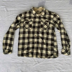 Burton Durable Goods Flannel Long Sleeve Shirt Plaid Cream and Black Size Mens L - Picture 1 of 4