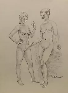 "2 Girls/Women Nude No.63" Painting/Mixed Media. sign. Wedekind - Picture 1 of 2