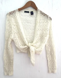 MODA INTERNATIONAL Y2K Ivory Kid Mohair Tie Front Cropped Cardigan Lightweight M - Picture 1 of 4