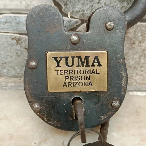 Antique Yuma Padlock Territorial Prison Working Cast Iron Lock 2 Keys Rusty Cover