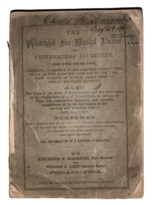 PHILADELPHIA FIRE MARSHAL ALMANAC, 1860, 1st, WEST CHESTER, PENNYPACKER, SCARCE - Image 1 of 4
