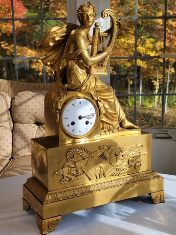 Large FRENCH GILT BRONZE FIGURAL NEOCLASSICAL CLOCK, superb original patina, GRO Cover