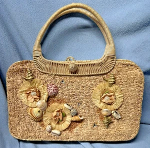 Vintage 50s? Raffia Straw Woven Purse Bag Tote Boho Shells Japan Wicker Handle - Picture 1 of 9