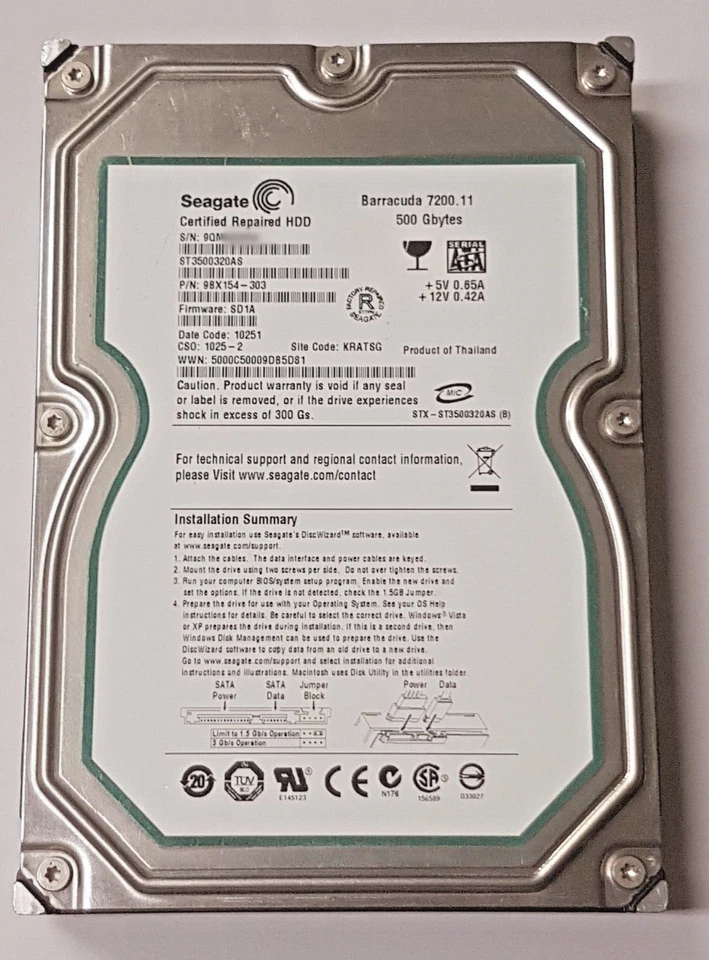 500 GB SATA Seagate barracuda 7200.11 ST3500320AS 32MB 3.5 " Certified Repaired - Image 1 of 1