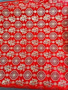 Red Brocade Gold Dragon Satiny Silk Fabric 44" x 60" Chinese Asian - Picture 1 of 6