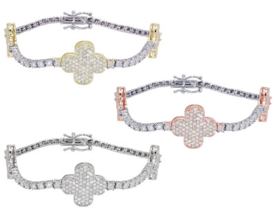 Three Clover Illusion Set 1 3/4 CT Real Diamond Tennis Bracelet Gold 15MM 7" - Image 1 of 4