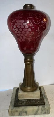 Large Antique Bohemian Red Etched Glass Grapes Oil Lamp Marble Base 14" Sandwich - Image 1 of 4