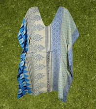 Recycled Sari Short kaftan For Women, Oversized Blue Print Handmade Caftan M-XL