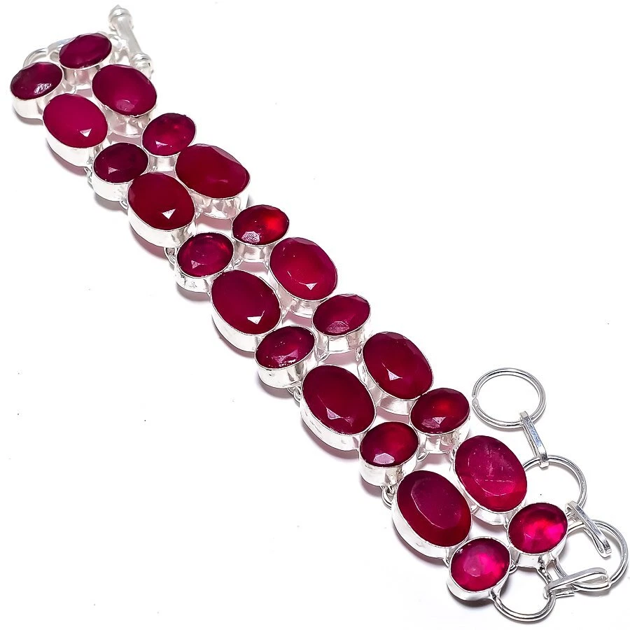Ruby(Simulated) Gemstone Handmade 925 Silver Bracelet 7-8" R-2236 - Image 1 of 1