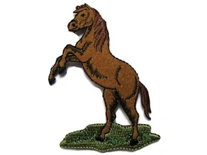 Aplique marrón de cría de caballos sobre hierba bordada hierro sobre parche de 3,38 pulgadas - Imagen 1 de 1