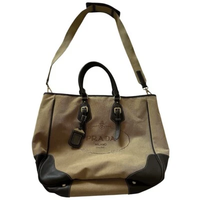 Prada Triangle Logo Jacquard Canvas Leather Tote Shoulder Bag Brown Oversized - Image 1 of 4