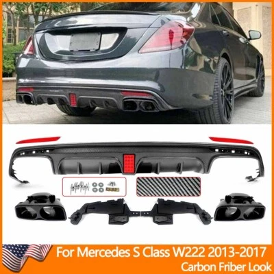 F1 Style Rear Diffuser W/Exhaust For Mercedes S Class W222 2013-2017 Carbon Look - Image 1 of 4