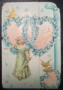 1890-1910s TUCKS VALENTINE VICTORIAN DIE CUT EMBOSSED ANTIQUE CARD KIND THOUGHTS - Picture 1 of 4