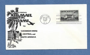 OVERSEAS AIRMAIL FROM MIAMI FDC AUG 30,1947 WASH DC C34  FIRST FLIGHT COVER - Picture 1 of 1
