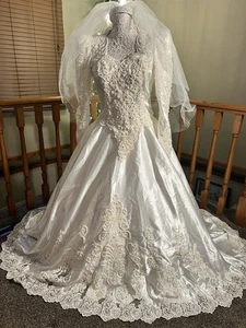 1980s Private Label By G Ivory Pearl Lace Wedding Dress Royal Train Veil Sz18 - Picture 1 of 24