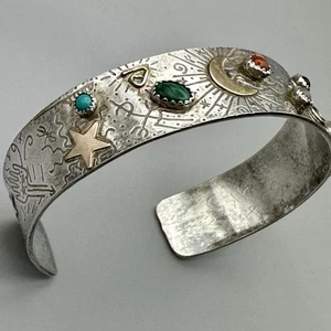 Signed Ann Allen Engraved Cuff Bracelet Multi Stones Artisan Sterling Silver - Picture 1 of 14