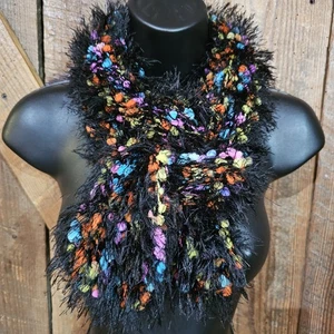 Black Eyelash Yarn Multicolored Scarf Fashion Fun Fur Mini Pompoms  Vintage Y2K  - Picture 1 of 7
