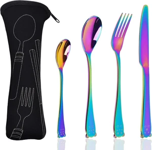 Rainbow Travel Silverware Set with Case, Portable Reusable Utensils Forks Spo... - Picture 1 of 12