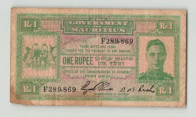 MAURITIUS 1 Rupee 1940, P-26, 4th Signatures, Solid Fine, Minor Stain. S2 - Image 1 of 2