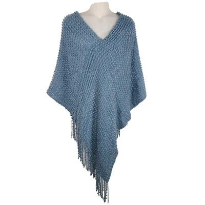 Poncho asimétrico tejido con cable Chicos para mujer pequeño mediano azul flecos texturizado Foto 1 de 4