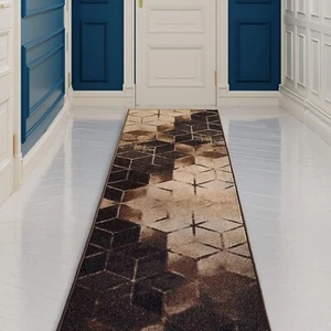 Custom Size Runner Rug Cubes Design Brown Beige Color 26"&31" By Your Length - Picture 1 of 6