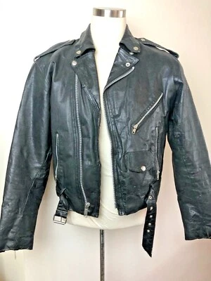 CHAQUETA DE CUERO NEGRA ENVEJECIDA PUNK ROCK Moto OI Motociclista Ramones de colección Foto 1 de 4