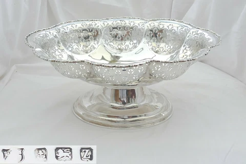 RARE GEORGE V HM STERLING SILVER PIERCED PEDESTAL FRUIT BOWL 1924 Cover