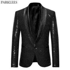 Black Sequin One Button Shawl Collar Suit Jacket Men Bling Glitter Nightclub - Picture 1 of 18