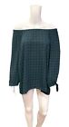 Talbots Womens Top 1X Petite Green Plaid Off The Shoulder Long Sleeve Tie Cuffs