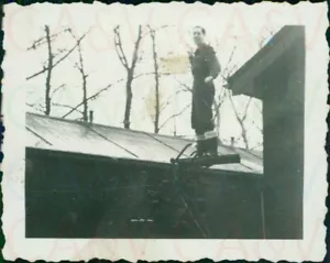 1947 Germany  RAF Melle airstrip Airman on top of Ladder 2.5x2" - Picture 1 of 6