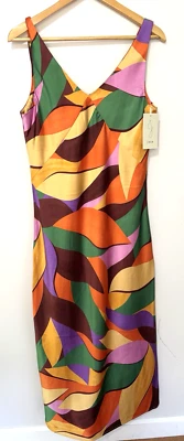 NUEVO CON ETIQUETAS JOIE MULTICOLOR SATINADO ABSTRACTO ESTAMPADO Y2K Maxi Vestido Cuello en V Sin Mangas Talla M Foto 1 de 4