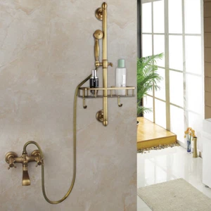 Antique Brass Bathtub Shower Faucet Set Hand Held Spray Shower Mixer Tap+Shelf - Picture 1 of 10