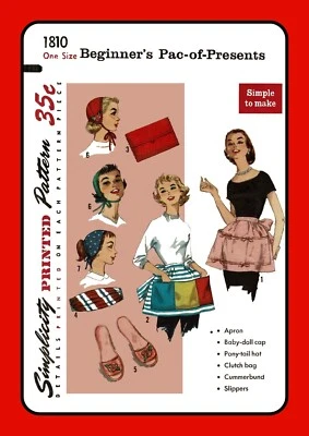 Vtg ACCESSORIES Pattern CAP Hat Apron SLIPPER Clutch CUMMERBUND Simplicity 1810 - Image 1 of 4